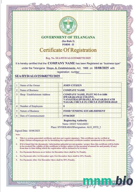 India Telangana vcertyfikat of registration Word i szablon PDF